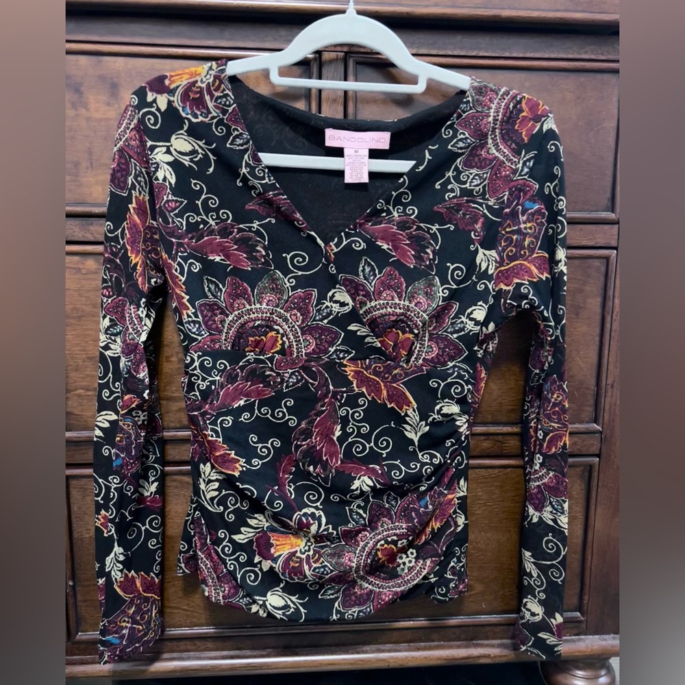 Bandolino Black and Burgundy Floral Blouse